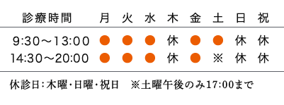 休診日：木曜・日曜・祝日 ※土曜午後のみ17:00まで