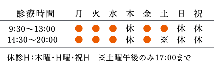 休診日：木曜・日曜・祝日 ※土曜午後のみ17:00まで